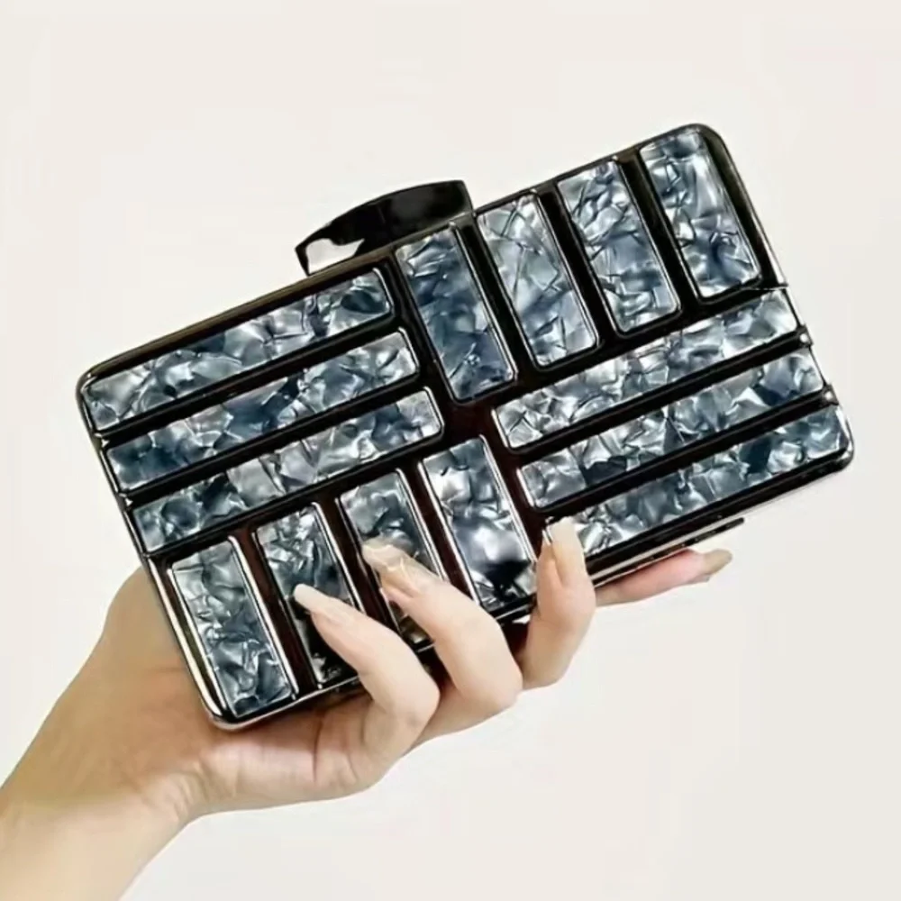 Pearlescent Rectangular Box Clutch in White and Silver